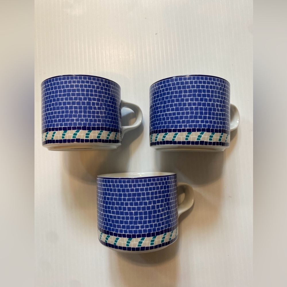 Three (3) Dansk Made in Portugal Blue Mosaic Tile Mugs Cups Pool Ocean Theme